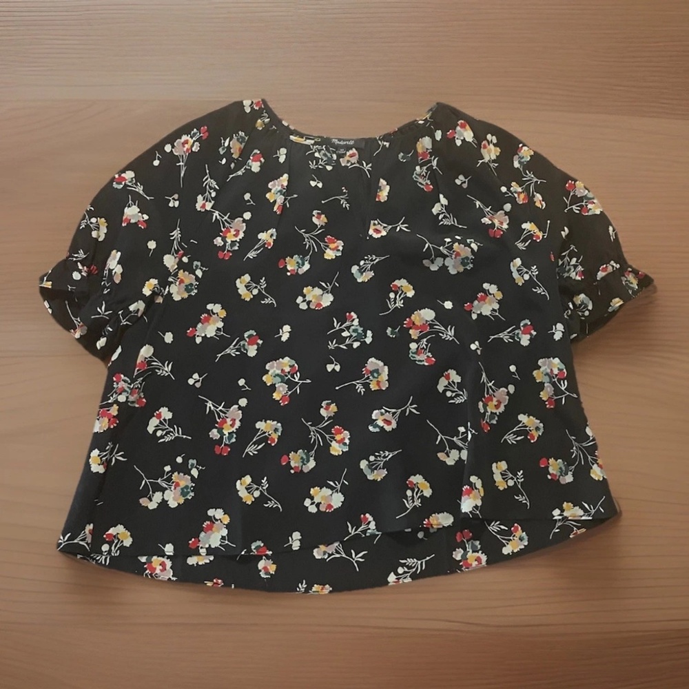 Madewell Women’s 100% Silk Black Floral Peasant Blouse XS Cottagecore Fairy
